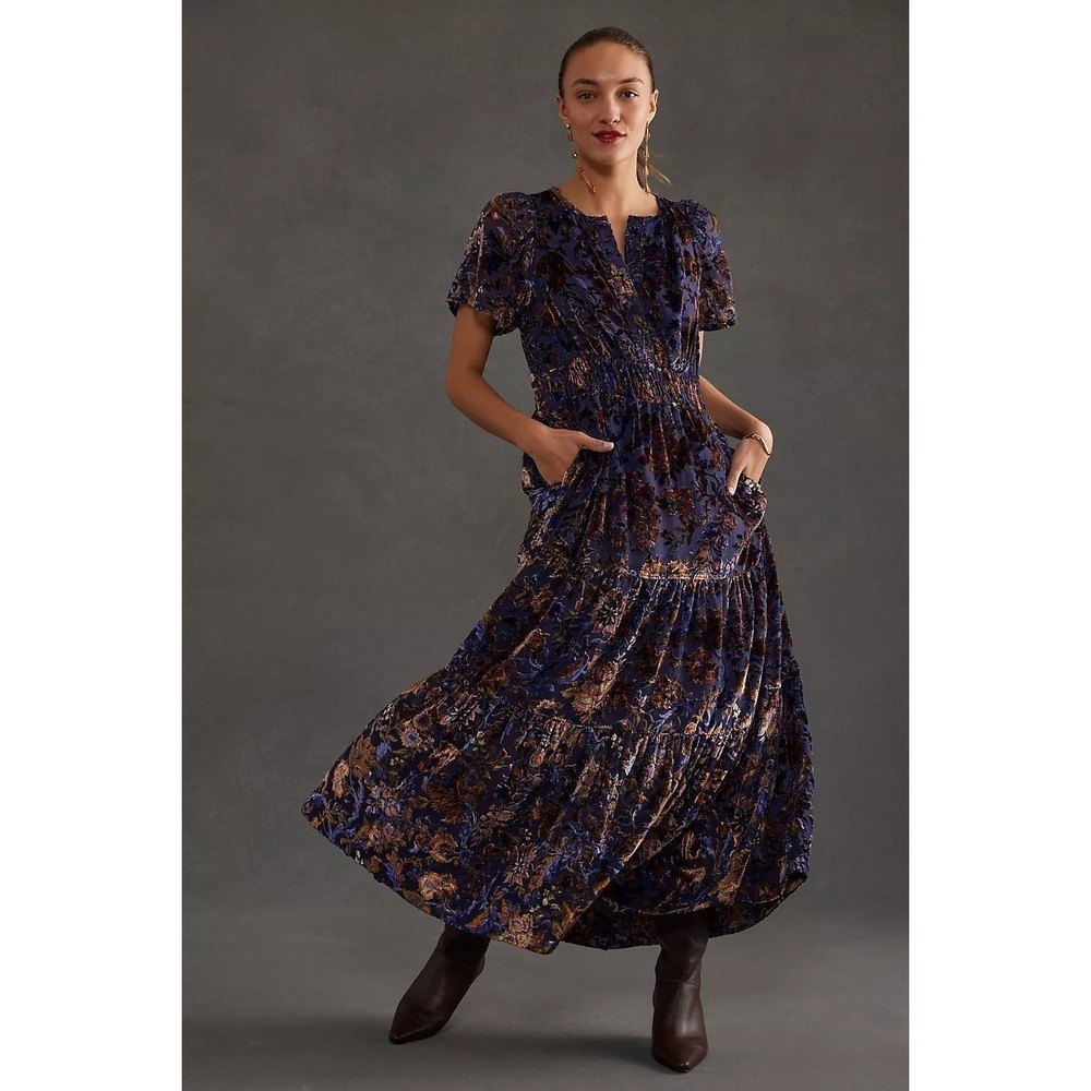 Anthropologie Dress‎ Womens Small Petite Purple Somerset Maxi Velvet Burnout